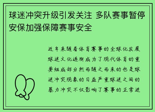 球迷冲突升级引发关注 多队赛事暂停安保加强保障赛事安全