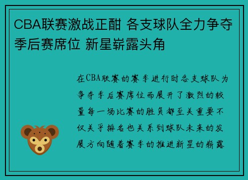 CBA联赛激战正酣 各支球队全力争夺季后赛席位 新星崭露头角