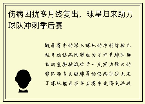 伤病困扰多月终复出，球星归来助力球队冲刺季后赛